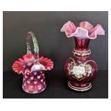 Fenton Painted Vase and Small Ruffled Basket