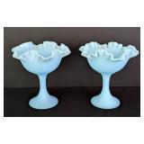 Pair of Fenton Blue Satin Glass Compotes