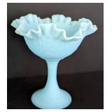 Pair of Fenton Blue Satin Glass Compotes