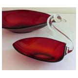 Pair of Red Glass Swan Bowls