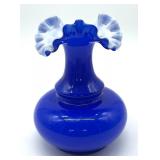 Fenton Cobalt Blue and White Ruffle Top Vase