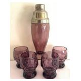 Vintage Amethyst Glass Cocktail Shaker and 4 Lowball Glasses