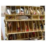 Vintage Tackle Boxes with One Having Tackle and Spearing Decoys