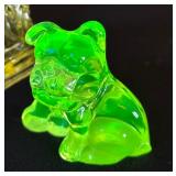 Two Vintage Dog Figurines including Vintage Vaseline Glass Dog Figurine