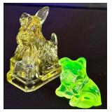 Two Vintage Dog Figurines including Vintage Vaseline Glass Dog Figurine
