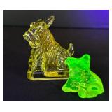 Two Vintage Dog Figurines including Vintage Vaseline Glass Dog Figurine