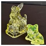 Two Vintage Dog Figurines including Vintage Vaseline Glass Dog Figurine