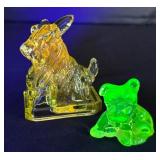Two Vintage Dog Figurines including Vintage Vaseline Glass Dog Figurine