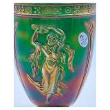 Vintage Fenton Green Dancing Ladies Carnival Glass Urn Candy Jar