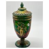 Vintage Fenton Green Dancing Ladies Carnival Glass Urn Candy Jar