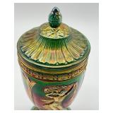 Vintage Fenton Green Dancing Ladies Carnival Glass Urn Candy Jar