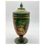 Vintage Fenton Green Dancing Ladies Carnival Glass Urn Candy Jar