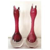 Pair of Beautiful Orrefors Sweden Zebra Red White W. Johansson Scandinavian Glass Art Vases