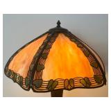 Antique Handel Teroca Filigree Panel Slag Glass Lamp with Bronze Base