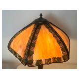 Antique Handel Teroca Filigree Panel Slag Glass Lamp with Bronze Base