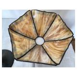 Antique Handel Teroca Filigree Panel Slag Glass Lamp with Bronze Base