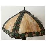 Antique Handel Teroca Filigree Panel Slag Glass Lamp with Bronze Base