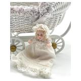 Vintage Dollhouse Barbara J. Rumeli Wicker Baby Carriage and Miniature Doll