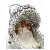 Vintage Dollhouse Barbara J. Rumeli Wicker Baby Carriage and Miniature Doll