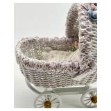 Vintage Dollhouse Barbara J. Rumeli Wicker Baby Carriage and Miniature Doll