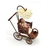 Vintage Artisan Barbara J. Rumeli Wicker Baby Carriage and Miniature Doll
