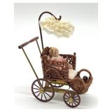 Vintage Artisan Barbara J. Rumeli Wicker Baby Carriage and Miniature Doll