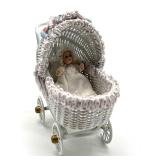 Vintage Dollhouse Barbara J. Rumeli Wicker Baby Carriage and Miniature Doll
