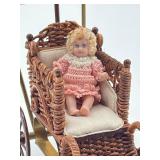 Vintage Artisan Barbara J. Rumeli Wicker Baby Carriage and Miniature Doll