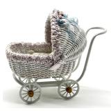 Vintage Dollhouse Barbara J. Rumeli Wicker Baby Carriage and Miniature Doll