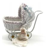 Vintage Dollhouse Barbara J. Rumeli Wicker Baby Carriage and Miniature Doll