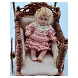 Vintage Artisan Barbara J. Rumeli Wicker Baby Carriage and Miniature Doll