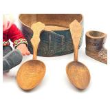 Antique Swedish Wooden Bowl, Carved Shoe, Gnome and Wooden Spoons