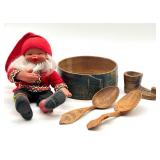 Antique Swedish Wooden Bowl, Carved Shoe, Gnome and Wooden Spoons