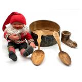 Antique Swedish Wooden Bowl, Carved Shoe, Gnome and Wooden Spoons