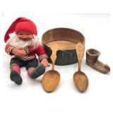 Antique Swedish Wooden Bowl, Carved Shoe, Gnome and Wooden Spoons