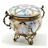 Antique Ornate Porcelain Hand Painted Dresser Jar with Brass Stand