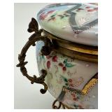 Antique Ornate Porcelain Hand Painted Dresser Jar with Brass Stand