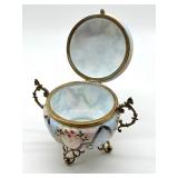 Antique Ornate Porcelain Hand Painted Dresser Jar with Brass Stand