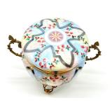 Antique Ornate Porcelain Hand Painted Dresser Jar with Brass Stand