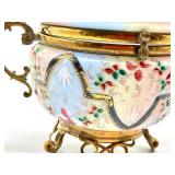 Antique Ornate Porcelain Hand Painted Dresser Jar with Brass Stand