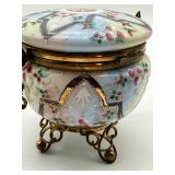 Antique Ornate Porcelain Hand Painted Dresser Jar with Brass Stand