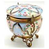 Antique Ornate Porcelain Hand Painted Dresser Jar with Brass Stand