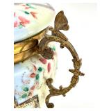 Antique Ornate Porcelain Hand Painted Dresser Jar with Brass Stand