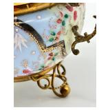Antique Ornate Porcelain Hand Painted Dresser Jar with Brass Stand