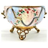Antique Ornate Porcelain Hand Painted Dresser Jar with Brass Stand