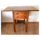 Antique Victorian Walnut Drop Leaf Sewing Table on Casters