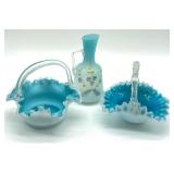 Three Pieces of Antique Victorian Aqua Blue Glassware including a Victorian Blue Spangle Basket with Thorn Handle