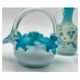 Three Pieces of Antique Victorian Aqua Blue Glassware including a Victorian Blue Spangle Basket with Thorn Handle
