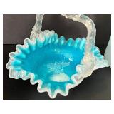 Three Pieces of Antique Victorian Aqua Blue Glassware including a Victorian Blue Spangle Basket with Thorn Handle