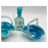 Three Pieces of Antique Victorian Aqua Blue Glassware including a Victorian Blue Spangle Basket with Thorn Handle